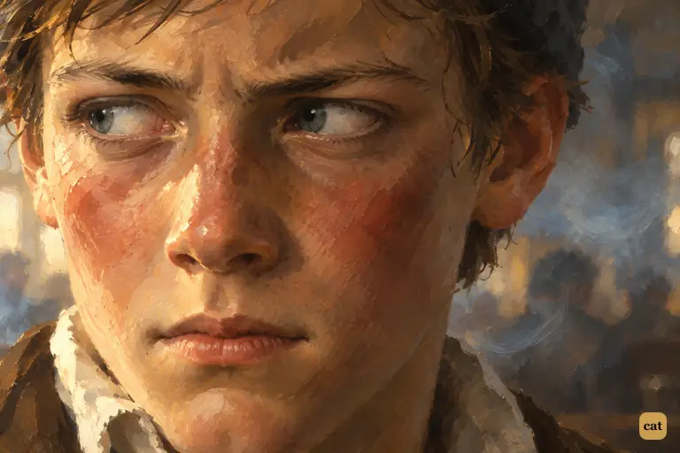 Holding his breath, Jim Hawkins watches the landlord pace the Spy-glass, suspicion awake