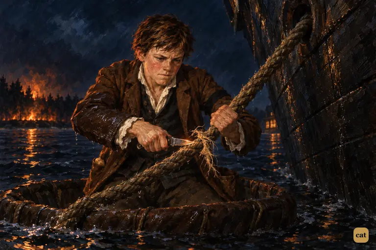 From his coracle under the schooner's bow, Jim saws through the last strands of hawser