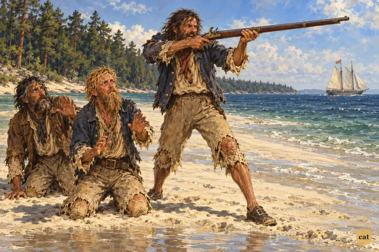 A marooned mutineer aims his musket at the departing HISPANIOLA while two others plead