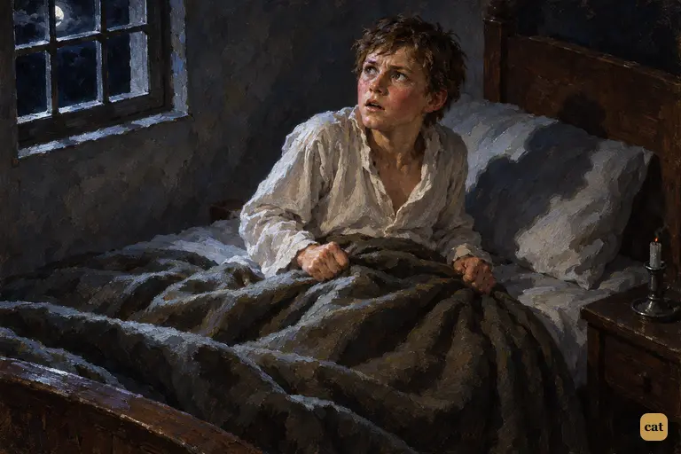 Years after the voyage, Jim Hawkins jolts upright in bed under cold moonlight.