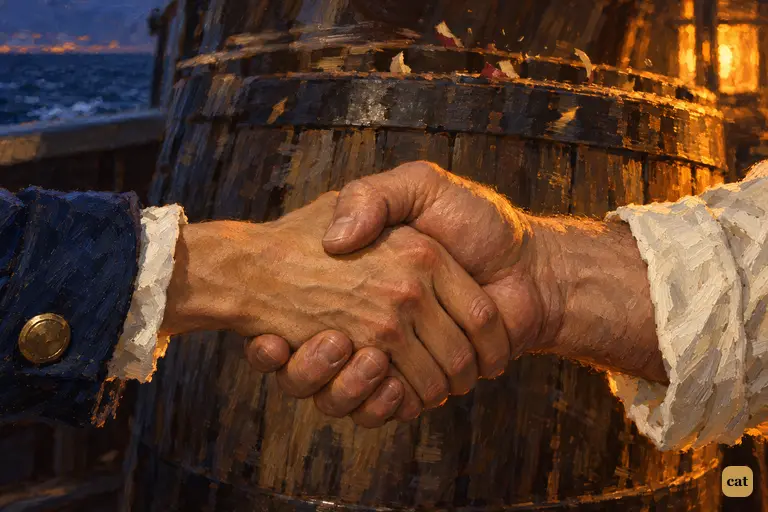 The cook's huge hand grips the young seaman's, shaking the barrel where the witness hides