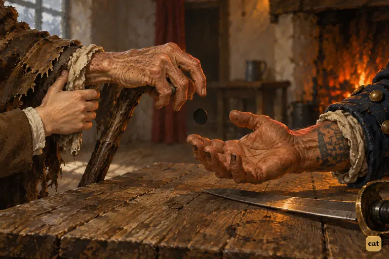 The blind beggar lets the black spot fall into the captain's closing palm