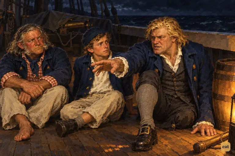 Silver points toward the bows and calmly appoints death; Dick and Israel Hands sit still