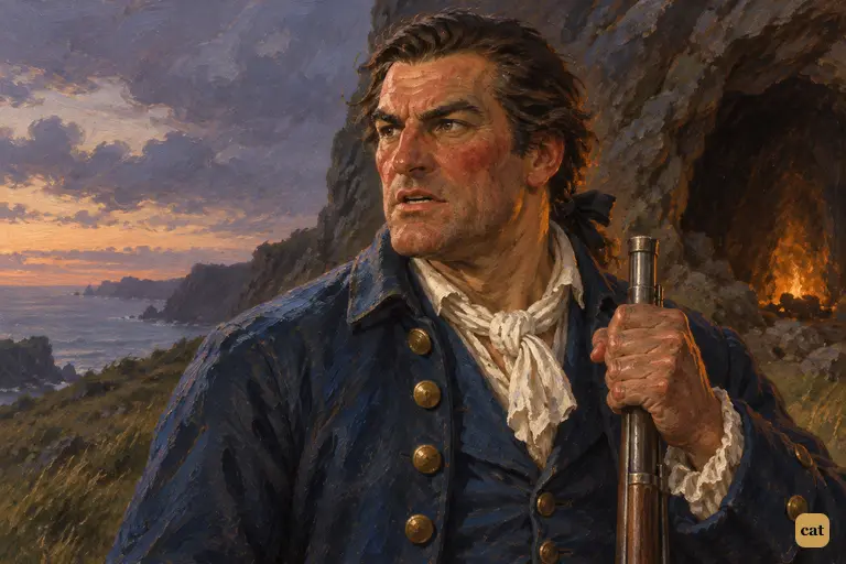 At Ben Gunn's cave, a flushed Squire Trelawney grips his musket as he rebukes Silver