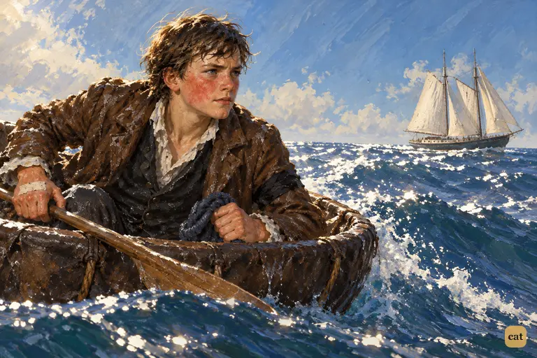 Thirsty and adrift, Jim Hawkins grips his paddle and eyes the unsteered Hispaniola