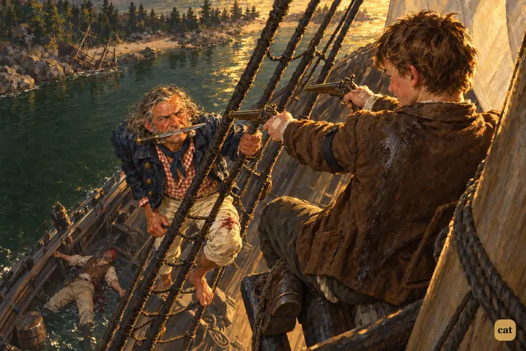 On the mizzen cross-trees, Jim aims two pistols at Israel Hands, dirk in his teeth
