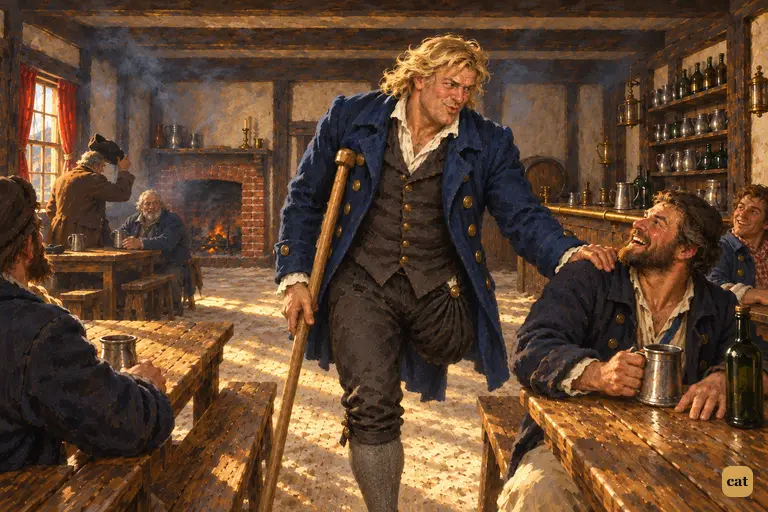 John Silver swings on his crutch between tables and claps a favoured guest's shoulder