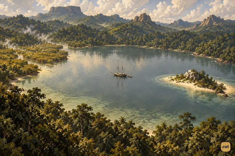 From above, the Hispaniola lies alone in still water ringed by woods and summits