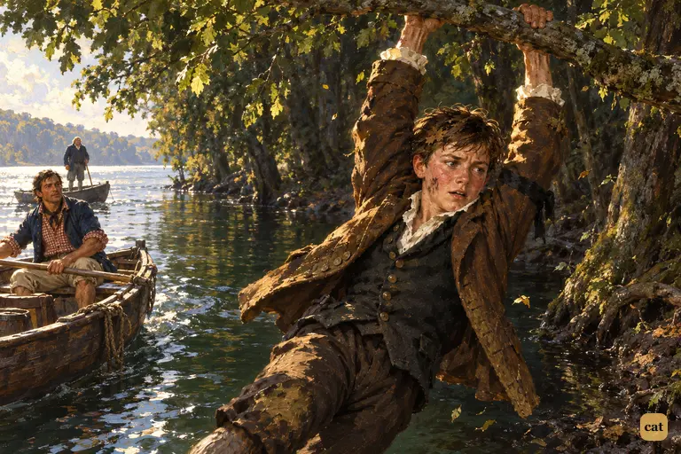 Jim swings from the boat's bow on a low branch toward the shore