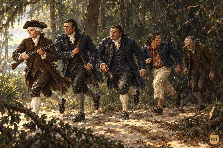 The five survivors of the sunken jolly-boat run through the wood for the stockade