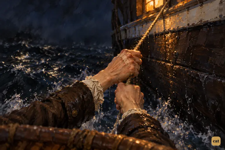 Just clear of the spinning hull, the boy's wet hands grab a cord trailing from the stern