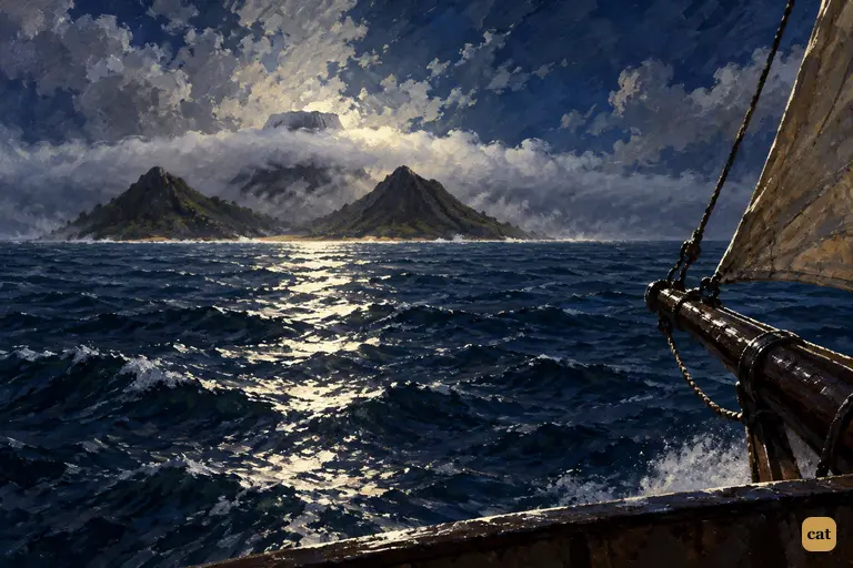 Land by night off the Hispaniola: two low black cones and a higher one in fog
