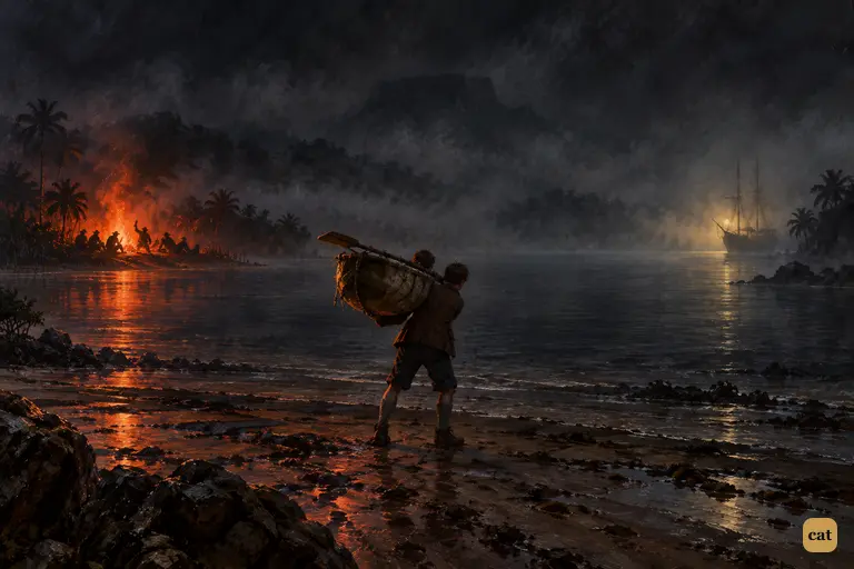 Jim stands alone in black fog with Ben Gunn's coracle on his shoulder.