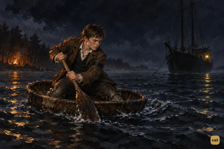 Jim kneels in Ben Gunn's coracle and paddles, but it keeps spinning on the black ebb