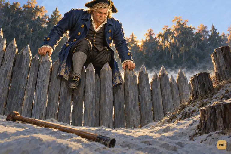 One-legged Long John Silver, in his best blue coat, heaves himself over the stockade