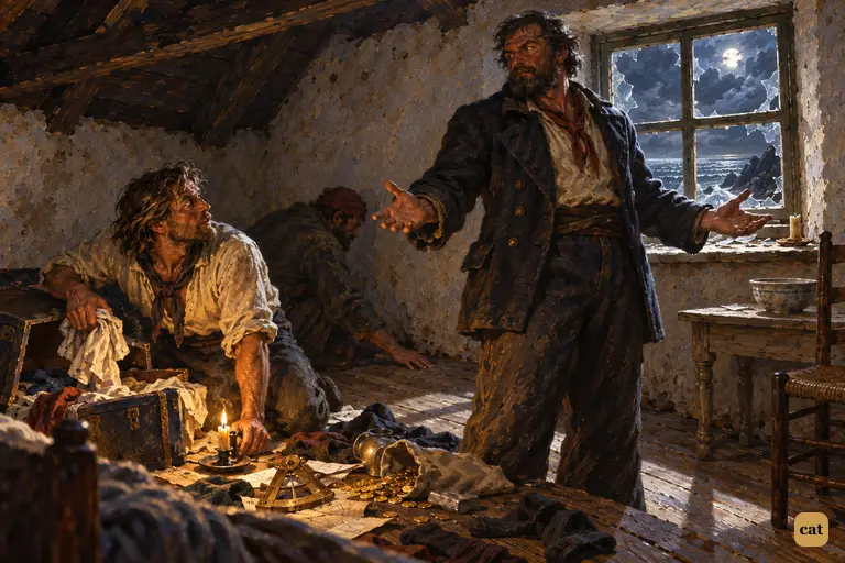 At the broken window a ruffian shows empty palms; another kneels by the gutted chest