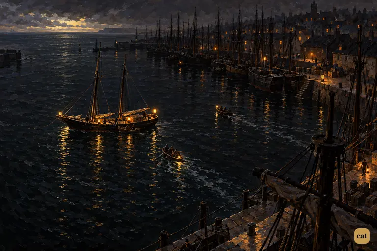 Before dawn, the schooner lies alone off Bristol, lanterns lit, as two boats approach
