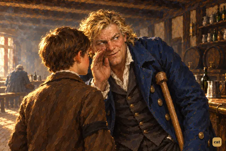 Long John Silver whispers to Jim about Tom Morgan, his grey eyes sliding past the boy