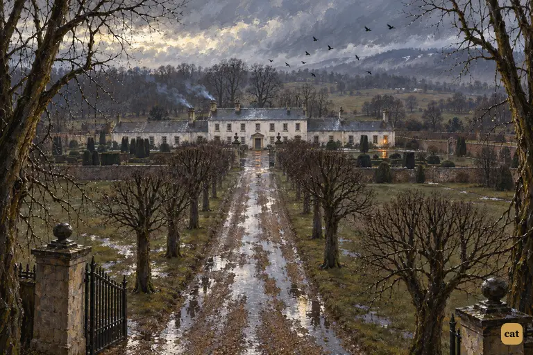 The squire's white hall stands in the sodden winter park, one warm window lit in the wing