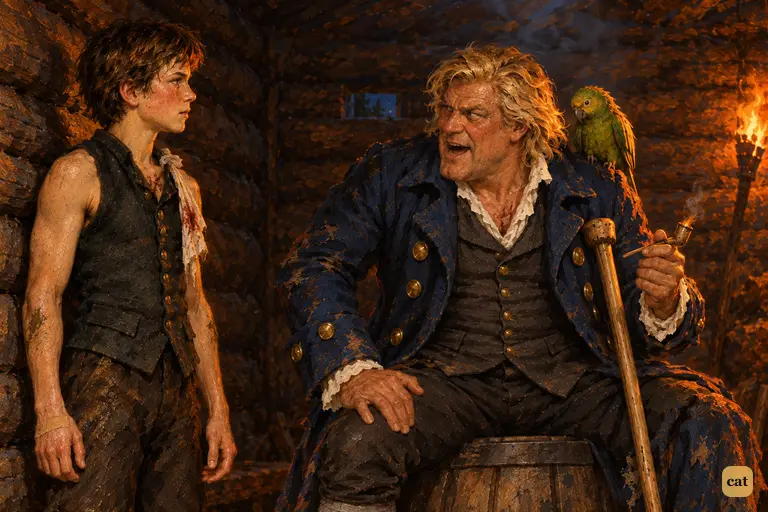 Alone in the torchlit log-house, Jim Hawkins stands against the wall and gives his word.