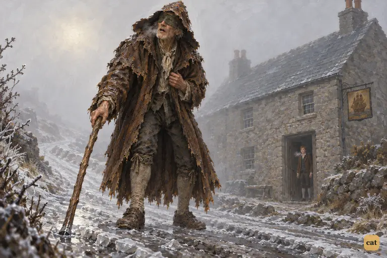 A hunched blind man in a tattered hooded cloak stops before the Admiral Benbow