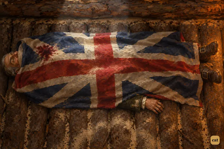 Old Tom Redruth, still unburied, lies stiff along the log-house wall under the Union Jack.
