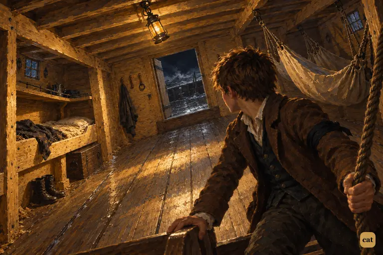 In the heeling companion house, the mate's bunk lies empty; a boy freezes on the ladder