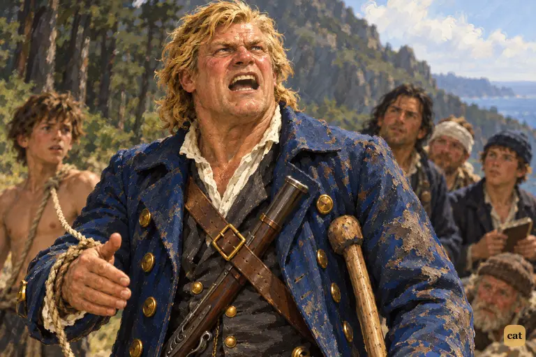 Long John Silver throws back his head and roars Ben Gunn's name toward the trees.