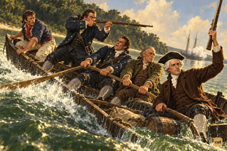 The overloaded jolly-boat sinks stern-first as Doctor Livesey holds up his musket