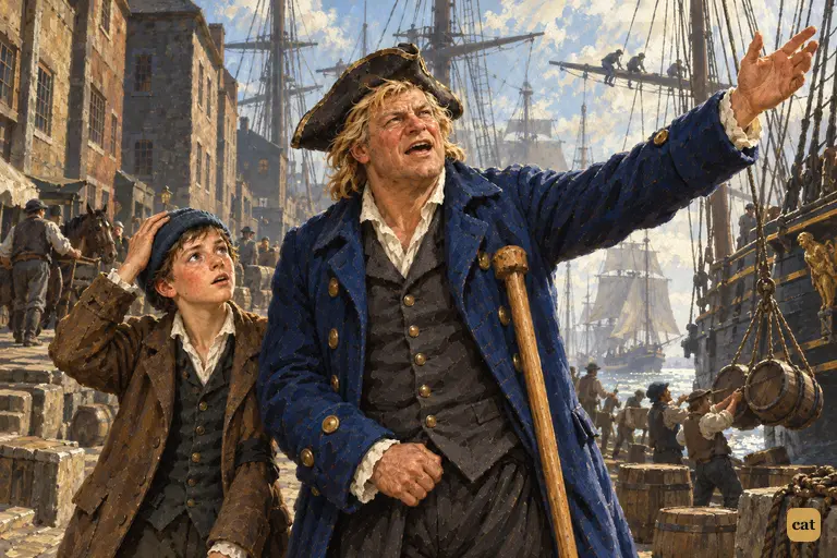 On the quay, the one-legged cook names the ships' rigs and flags as the boy looks up