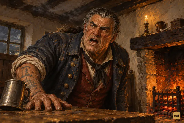 Lit by the fire's coals, Billy Bones leans over the table and shouts at Doctor Livesey