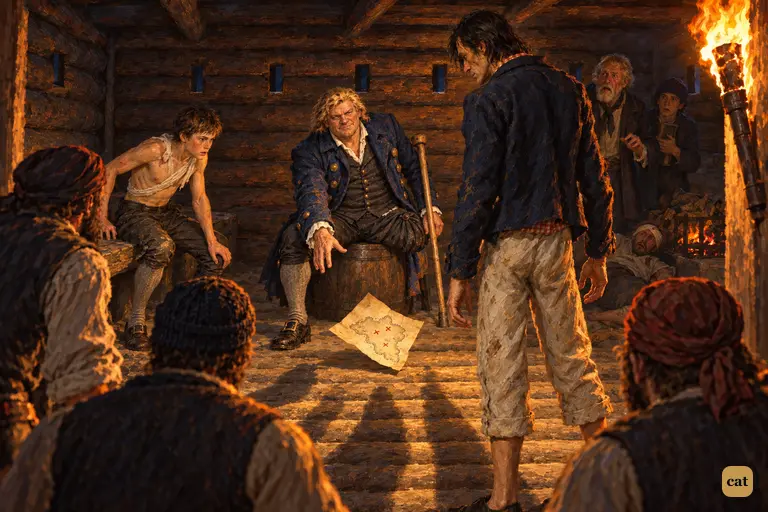 Long John Silver flings Flint's yellow chart onto the log-house floor before the crew