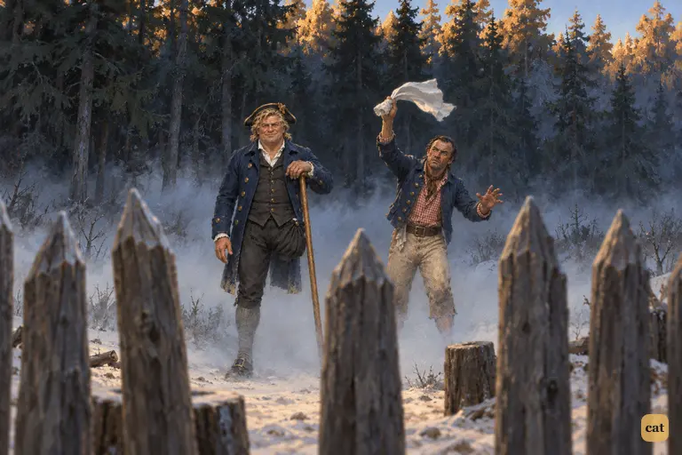 At icy dawn a mutineer waves a truce flag beside Long John Silver outside the stockade