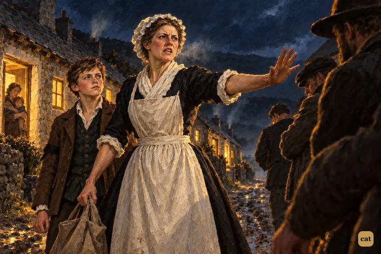 Mrs. Hawkins confronts the men in the hamlet street, little Jim drawn up at her shoulder