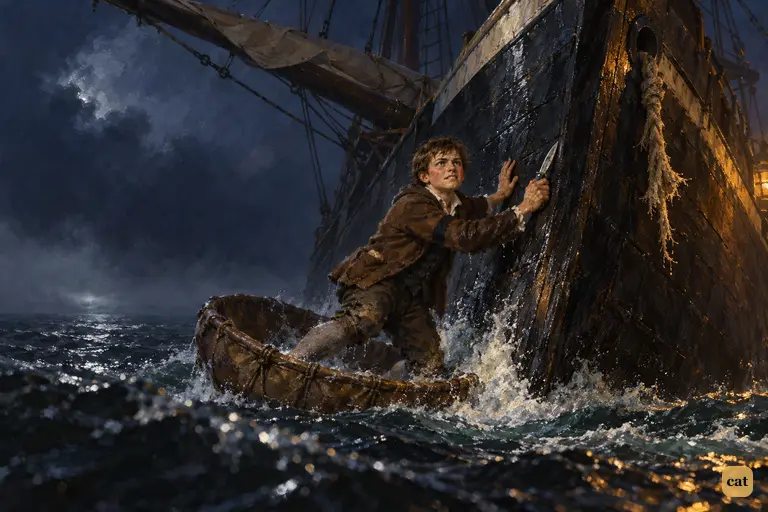 The hawser parts, and Jim's coracle is swept against the HISPANIOLA's bows as she swings