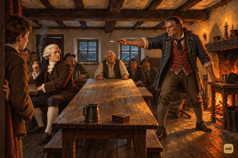 The drunken captain springs up with an open knife; Doctor Livesey answers calmly