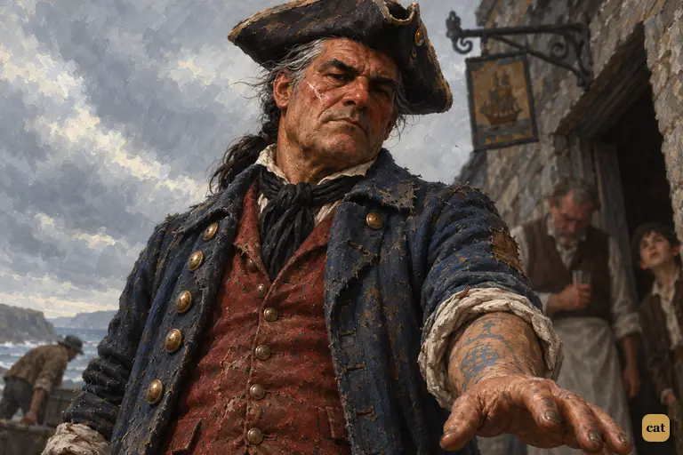 On the Admiral Benbow's threshold, the captain stares down over gold on the doorstep
