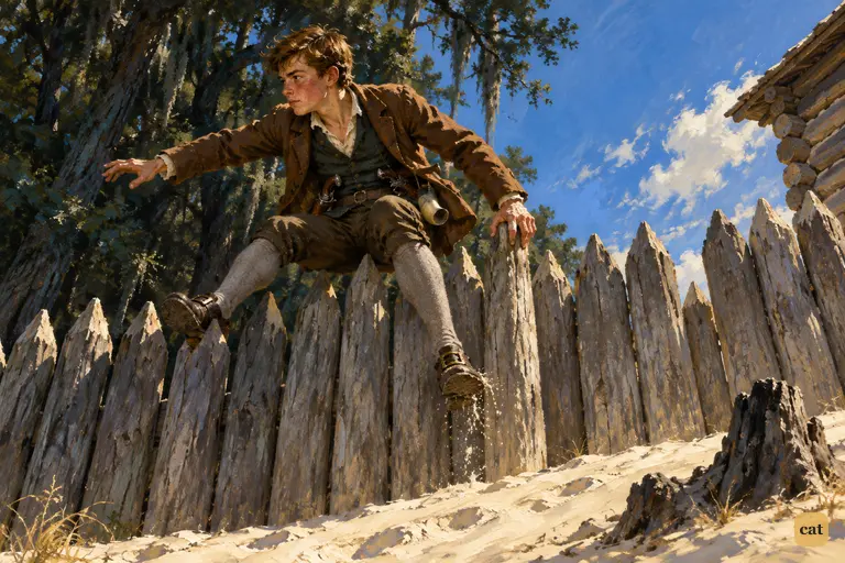 Jim Hawkins sits astride the sunlit paling, one leg already over, leaning toward the dark woods.
