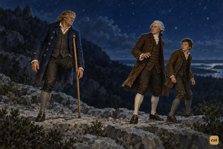 Jim and the doctor hear Long John Silver's voice right behind them on the dark hill