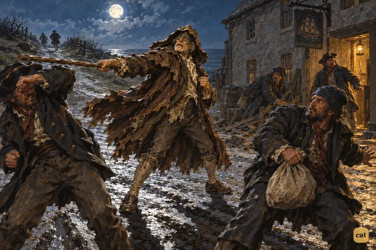 Furious, blind Pew strikes right and left with his stick in the moonlit road