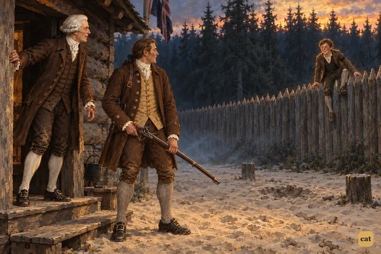 At dusk Dr. Livesey sees Jim Hawkins, thought dead, climbing over the stockade