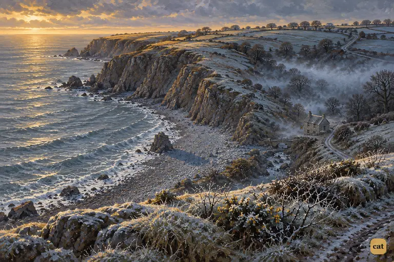 A January dawn: hoar-frost grips Black Hill Cove and the little grey Admiral Benbow