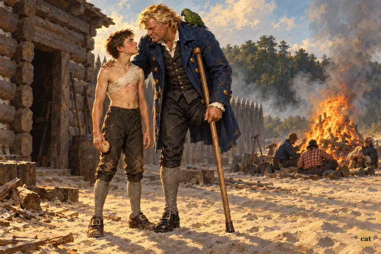 Long John Silver bends over half-dressed Jim Hawkins and quietly offers him a pact