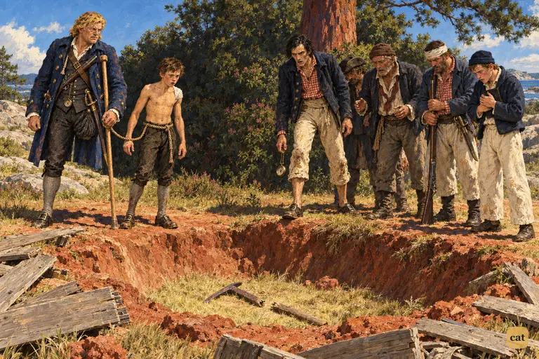 Seven people stand frozen at the rim of the rifled treasure pit under the noon sun.
