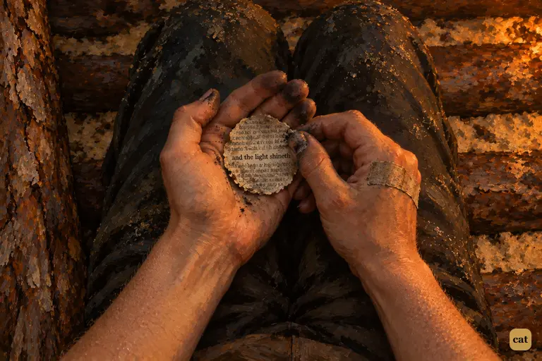 Jim's ash-blackened fingers hold the scrap of Bible page that became the black spot