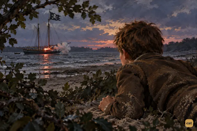 At dusk Jim lies among the shore trees and sees the black flag on the HISPANIOLA