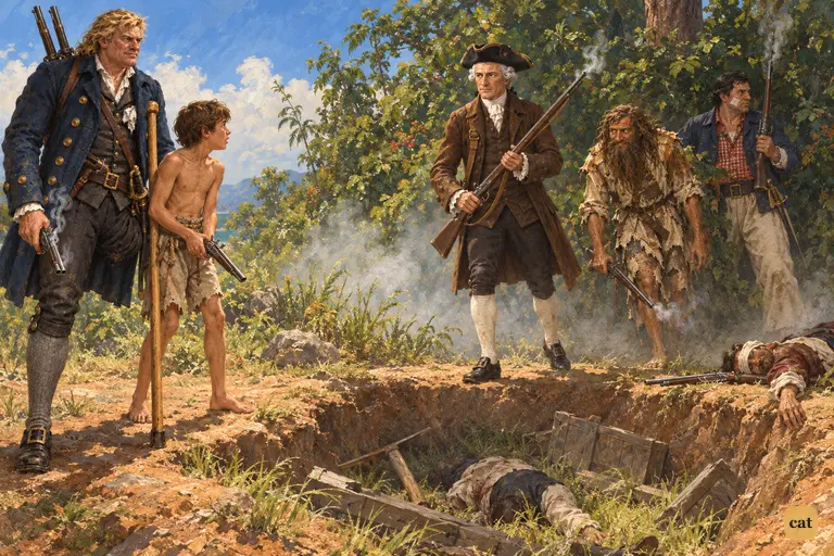 Dr. Livesey, Abraham Gray and Ben Gunn step from the thicket toward Jim and Silver