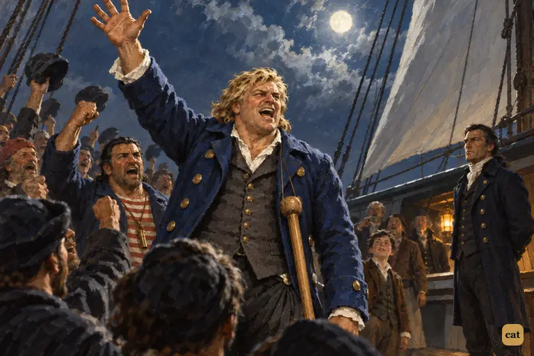Long John calls a second cheer for the captain; only a pale boy stays silent