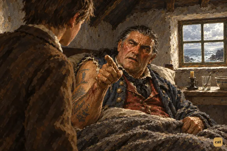 The dying lodger points at Jim, declaring himself old Flint's first mate