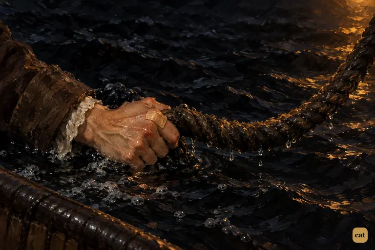The taut hawser suddenly sags in Jim's grip, and his hand dips under the black water